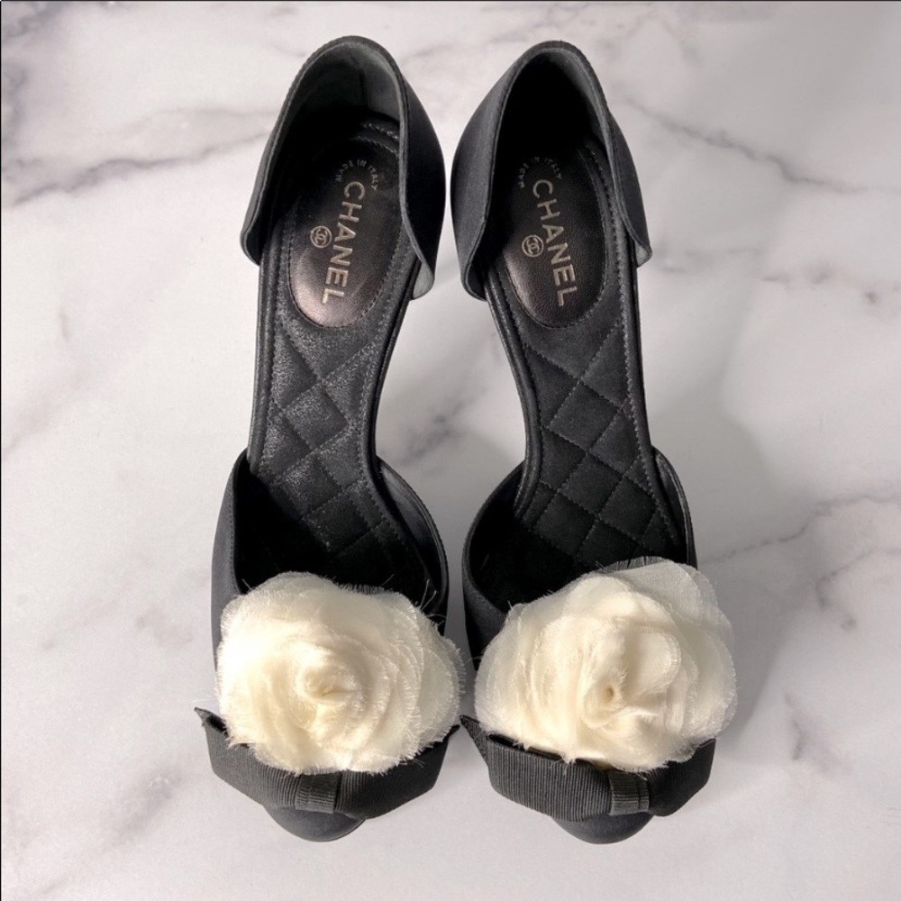 CHANEL Camelia D’Orsay Satin Heels